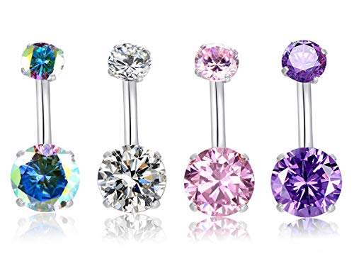 Hqla 14G Belly Button Rings Surgical Stainless Steel Round Cubic Zirconia Navel Barbell Stud Body Piercing (4Pcs(Clear+Pink+Purple+Ab Color)) #TOP9