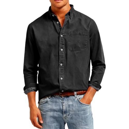 Mens Smart Casual Shirt, Long Sleeve Cotton Casual Summer Beach Tops Lightweight Breathable Button Down Top Shirt Top (5XL, Schwarz)