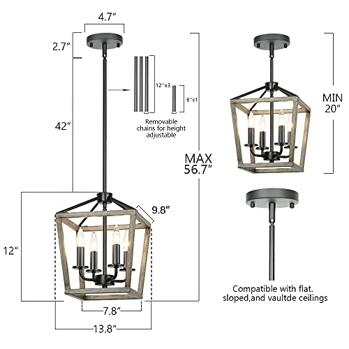 Lampundit 4 Light Farmhouse Chandelier Vintage Rustic Rectangle Lantern Metal Pendant Light Fixture For Dining Room Kitchen Foyer Entryway, Oak Wood +Black Finish #TOP5