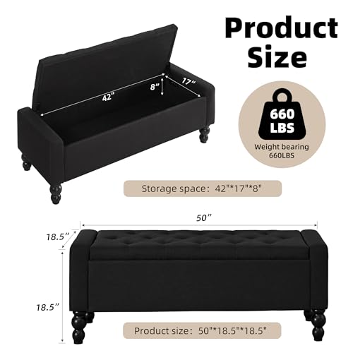 Image of 50 inch W Storage Ottoman Bench with Safety Hinge, Load up to 660 lb Ottoman with Storage, Upholstered Tufted Entryway Bench with Seating for Living Room, Bedroom, Entryway, Black