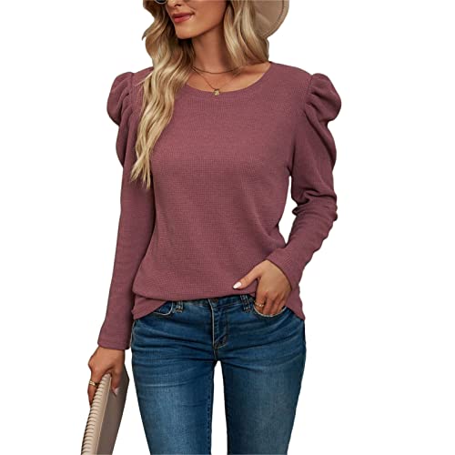 Camisas de Mujeres, Camisetas de Manga Larga para Mujeres, Camisas Blusas con Cuello Redondo, Elegante Camisa T-Shirt Tops(S-Rojo parduzco) Cover