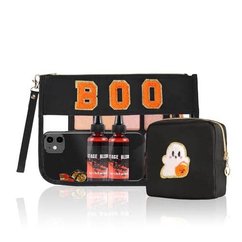 Halloween 2 Pcs spooky Cosmetic bag Snack Bag ，Clear Zipper Letter Travel Toiletry Bag Storage Bag coin purse for Girls，halloween pouch Makeup Bag Purse Waterproof Travel Bag Themed Gifts for Women