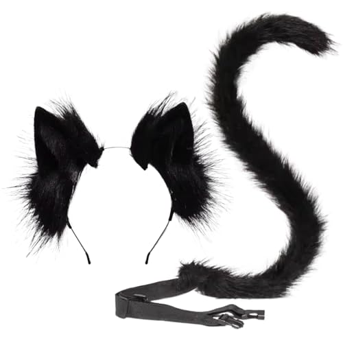 Orejas y cola de gato negra con diadema elástica y cinturón ajustable para cosplay