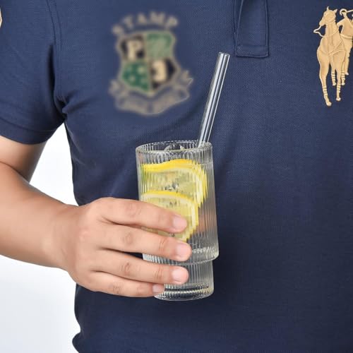 Image of Ribbed Glass Cups with Lids and Glass Straws, 330ML Drinking Glasses, Vintage Glassware Large, Origami Style Cocktail Glasses, Tumbler for Bar Beverages, Whiskey, Beer