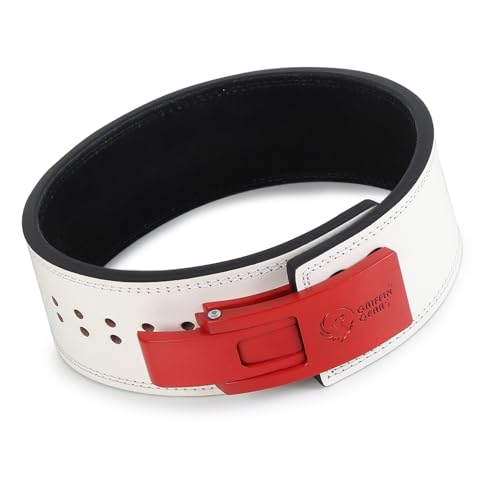 Image of 10MM Lever Gym Belt for Men & Women | 100% Full Grain Genuine Leather Powerlifting Belt | IPF Standard Weight Lifting Belt | White Belt with Red Buckle | Size Medium