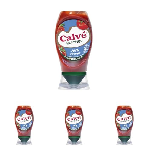 Calvé Ketchup Light, Formato 250 ml, Ketchup Light con Stevia*, Contiene il 50% in Meno di Zuccheri, Senza Glutine, Senza Conservanti e Senza Coloranti, Vegano (Confezione da 4)