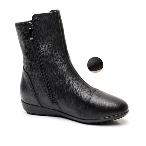 Women's Leather Side Zip Flat Ankle Boots Fashion Comfortable Slip-on Fur Lined Warm Chelsea Booties Winter Low Heel Mid Calf Flat Boots
