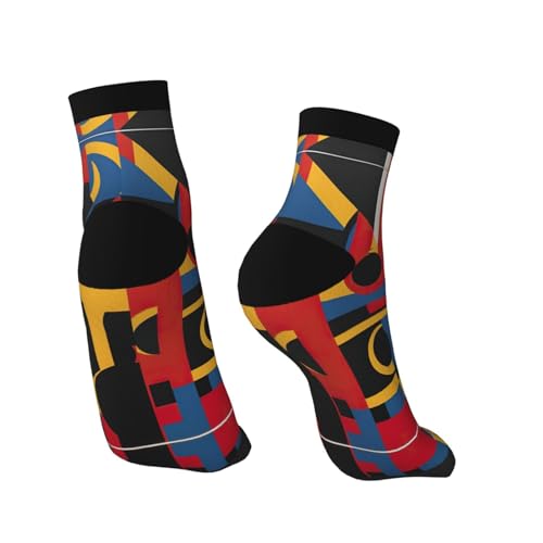 SSIMOO Composition In Red Yellow Blue And Black Print Sporty Straight Tube Socks For Running Enthusiasts,Breathable And Fashionable4