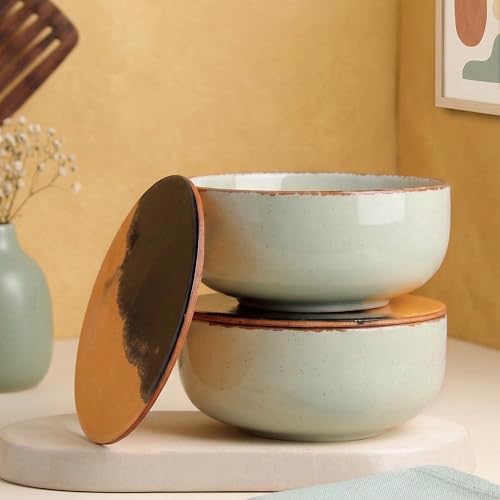 Image of The Earth Store Mint Marble Ceramic Bowl with Lid Set of 2, 580ML | Multipurpose Coaster /Lid | Dishwasher & Microwave Safe Bowl | Ideal for Rice, Dal, Fruits, Salad, Snack, Mixing Bowl