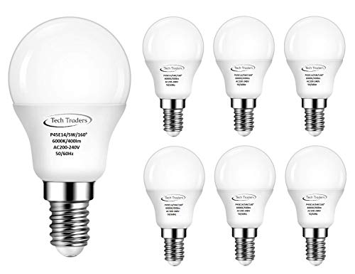 Tech Traders ® P45 E14 LED Golf Ball Light Bulbs, 5W SES Bulb, Equivalent to 50W Small Edison Screw Bulbs, Warm White 3000K/ Cool White 6000K Frosted, 400Lm, Non-Dimmable,Pack of 6 (6000K)