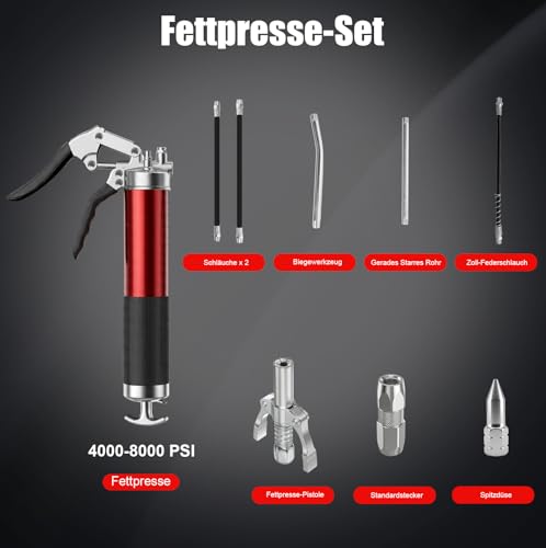 Valyrane Fettpresse 8000 PSI für 400g Kartusche, Einhand Hochleistungs-Fettpresse Set mit Schnellkupplung, 18\ Flexschlauch, 6\ Metall-Verlängerungsrohr und 2 Düsen für Schmiernippel
