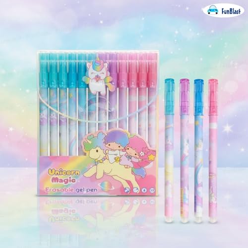 Image of FunBlast Unicorn Erasable Gel Pens - Pack of 12 Pcs Pens 0.5mm, Erasable Pens with Magic Eraser, Smooth Writing Gel Pen, Stationery for School & Office - Blue Ink