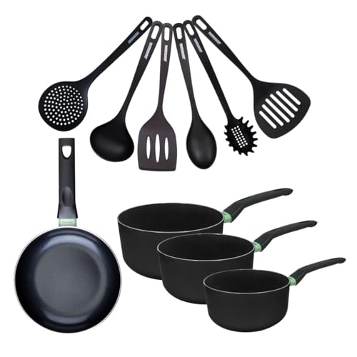 Fackelmann 9432450 Set 1 poêle 20 cm, 3 casseroles antiadhésives revêtement céramique et 6 ustensiles, poêle sans PFAS, tous feux, induction, Aluminium, RPET, Noir, Vert, 16 18 et 20 cm