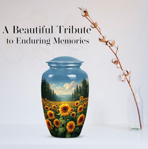 Image of Sunflower Flower Urns for Human Remains - Blue Funeral Urns for Adult Ashes Women - Yellow Sunflower Urn for Human Ashes Adult Male - Large Decorative Urn for Mom and Dad 10inch