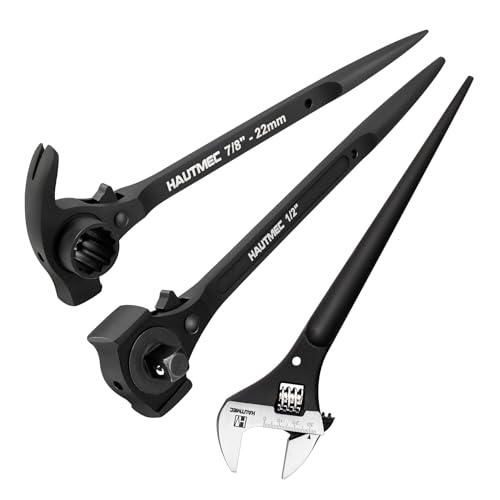 HAUTMEC 12inch Spud Ratchet Wrench Set(3 PCS) Includes 3/4 x 7/8 Dual Socket Scaffold Ratchet Wrench with Claw Pry Bar & Hammer Function 3/8 x 1/2 Dual Head Ratchet and Adjustable Spud Wrench