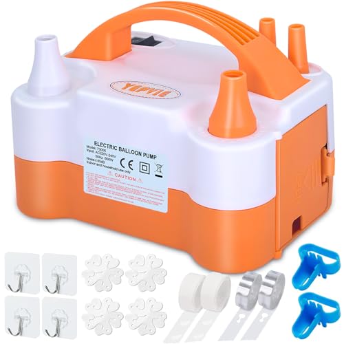 YEPVIE Luftballonpumpe Elektrische, 600W Elektrische Ballonpumpe mit 14 Ballongirlande Kits, 2 Inflationsmodi und Doppeldüse Tragbare Luftballon Pumpe Elektro für Geburtstag und Party Deko (Orange)