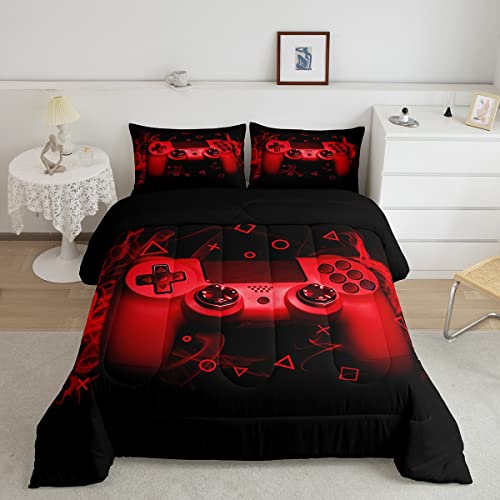Red Gaming Duvet Single Size Gamer Comforter Teens Boys Video Game Decor Bedding Set Kids 2 Piece Console Game Controller Quilted Duvet Set Soft Black - Image 3