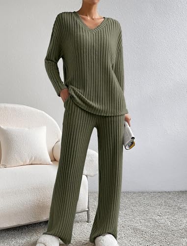 Women Two Piece Lounge Set Fall Winter Pajama Sets Long Sleeve Tracksuit Loungewear Ribbed Knit Sweater Sleepwear2