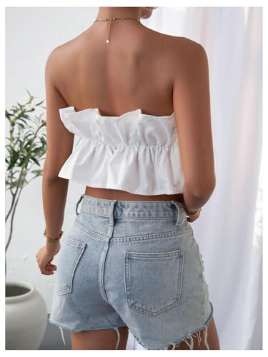 GORGLITTER Women's Strapless Bubble Tube Tops Ruffle Open Back Sleeveless Cute Summer Bandeau Peplum Crop Tops 20252