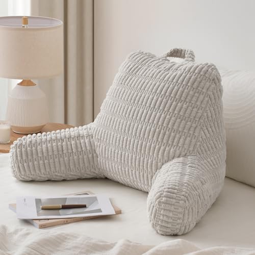 Image of Blissful Diary Reading Pillow, Backrest Pillow with Shredded Memory Foam for Adult & Children, Designed for Bed and Couch Sitting Up, Includes Arms, Pockets and Washable Cover, Light Gray