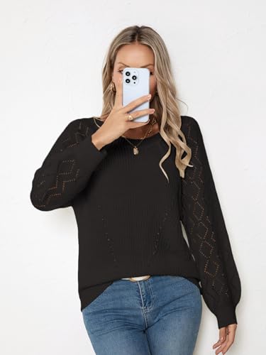 Image of Libsorge Womens Cute Crochet Knit Hollow Out Sweater Fall 2024 Lightweight Ribbed Crewneck Long Sleeve Pullover Top