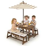 Costzon Kids Picnic Table, Toddler Wood Table & Chair Set w/Cushions, Height Adjustable Umbrella, Children...