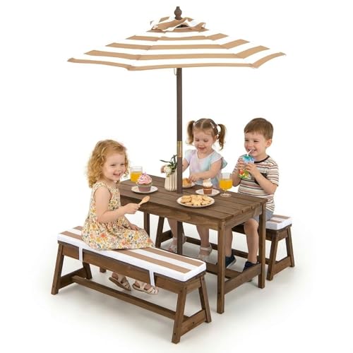 Costzon Kids Picnic Table, Toddler Wood Table & Chair Set w/Cushions, Height Adjustable Umbrella, Children Activity Table Outdoor Furniture Set for Patio, Garden, Backyard, Gift for Ages 3-8 (Coffee)