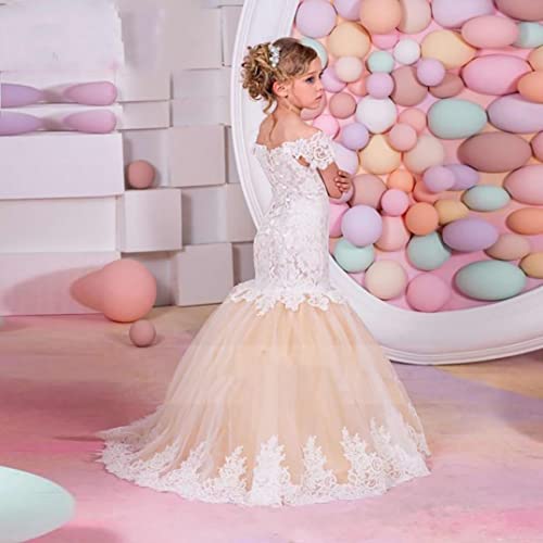 Mermaid Flower Girl Dresses for Wedding White Lace Champagne Tulle Kids Junior Birdesmaid Dress with Train3