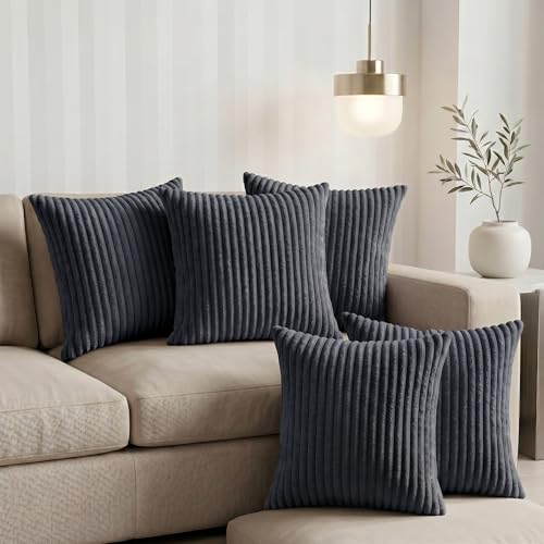 Image of Yellow Weaves Pencil-Stripe Fur Cushion Covers | Soft Polyester | Decorative Sofa & Throw Pillow Covers | 16x16 Inches, Pack of 5 (Bluish Grey)