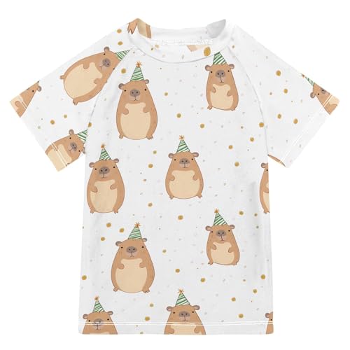 ALAZA Kids Rash Guard Girls Boys Toddler Swim Shirts Short Sleeve Birthday Hat Capybara UPF 50+ 3T