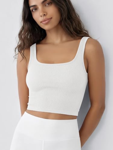 Image of ODODOS 3-Pack Seamless Square Neck Crop Tank for Women Ribbed Knit Soft Low Back Cropped Tops