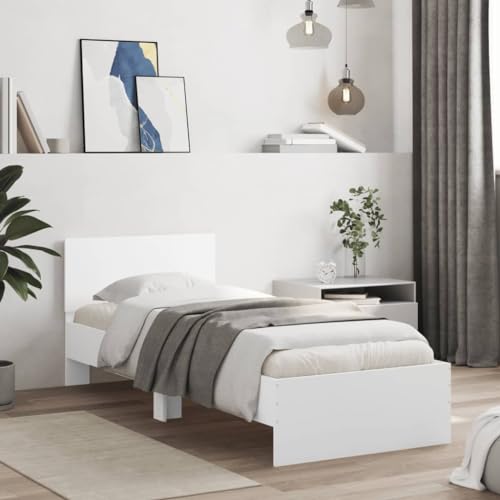 vidaXL Bettgestell, Bettrahmen mit Lattenrost, Bett Gästebett mit Kopfteil, Einzelbett Schlafzimmerbett Schlafzimmermöbel, Weiß 90x200cm...