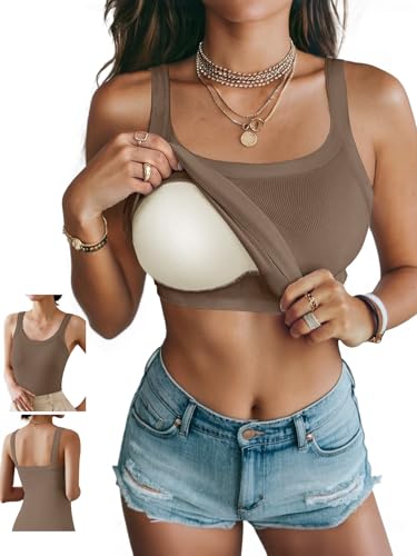 Ninee Women's Tank Top with Built in Bra Ribbed Camisole Summer Scoop Neck Spaghetti Strap Basic Cami Tanks (Coffee,Small)