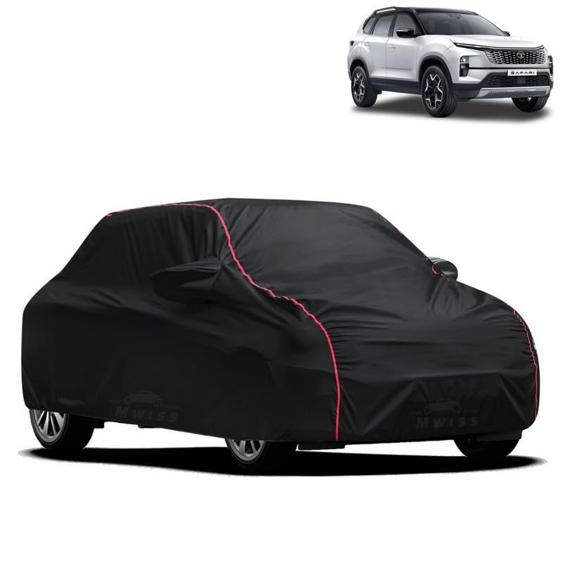 Image of Waterproof Car Cover for Tata Safari | All-Weather Protection, Dustproof & UV Resistant | Triple Stitched Mirror Pockets, Windproof Buckle Strap with Elastic Hem, Black-Red Piping