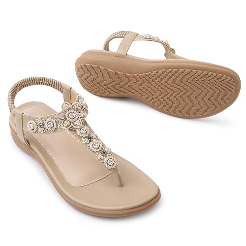 Flat Sandals for Women Dressy - Summer Comfortable Ankle Strap Thong Flats Sandal with Rhinestone for Outdoor Walking4