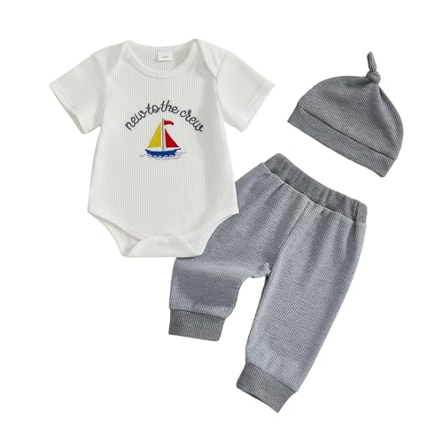 Image of SAYOO Newborn Baby Boy Clothes New To The Crew Embroidered Romper Waffle Solid Pants with Hat Coming Home Hospital Outfits
