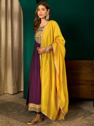 Image of Naixa Women's Vichitra Silk Embroidered A-Line Kurta with Pant | Yellow Vichitra Silk Laced Dupatta Set | 3 /4 Sleeve | Round Neck | Festive | Haldi Wear (Available in Plus Size)