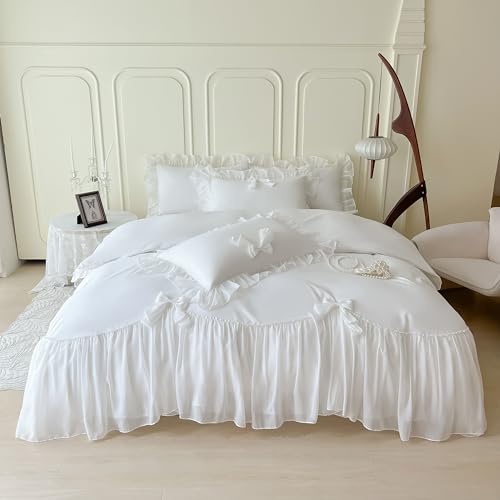 SOUKECHY Parure de lit Chic en Dentelle pour Filles, Housse de Couette esthétique de Style Princesse française Romantique avec Joli nœud et Fermeture...
