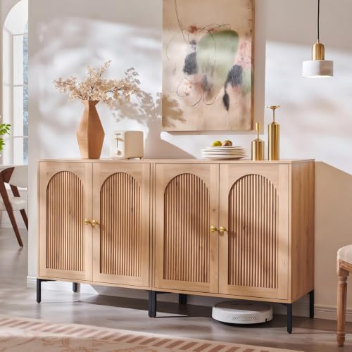 Image of IFGET Modern Buffet Cabinet with Storage, 61.75 inch W Fluted Arched Sideboard Cabinet w /Adjustable Shelves, Wooden Modular Coffee Bar for Dining Room, Kitchen, Living Room, Entryway, Natural