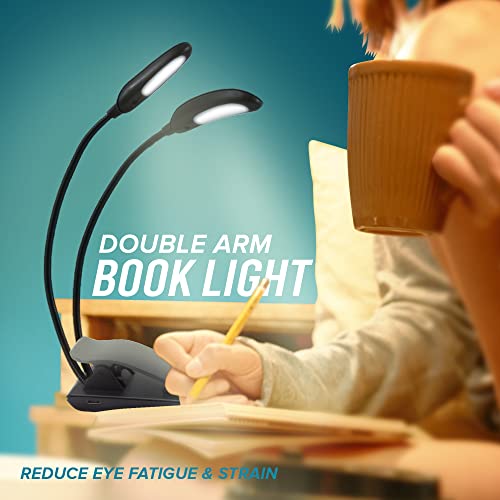 Ecologic Mart - Double Arm Rechargeable Book Light For Reading In Bed, Clip On Light For Reading Books With 9 Adjustable Reading Light Settings, 1200 Mah Portable Light Battery With Felt Case #TOP1