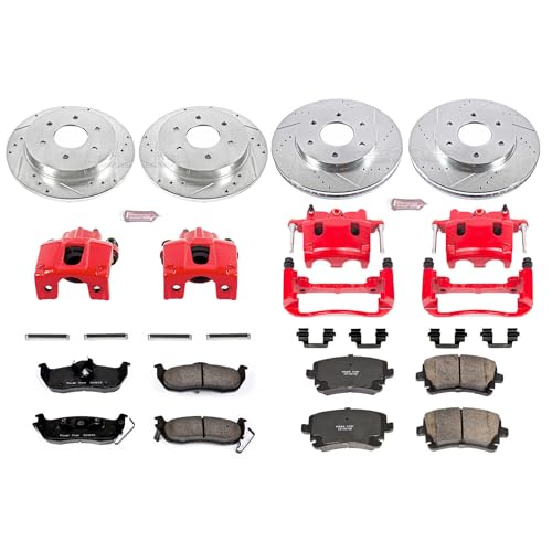 Image of PowerStop Front and Rear Brake Kit for Nissan Armada 2005 |Pathfinder Armada 2004 |TITAN 2004-05 - Carbon-Fiber Ceramic Brake Pads + Drilled & Slotted Rotors + Red Powder Coated Calipers, KC2443