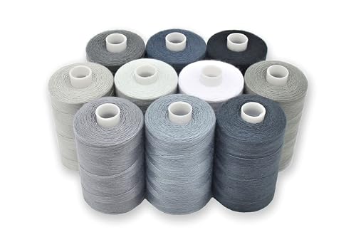 BlesSew Gray Sewing Threads - 10 Large Spools of Polyester Thread for Hand Quilting & Sewing Machine - Grey Shades Plus Black & White - 1000 Yards Per Spool