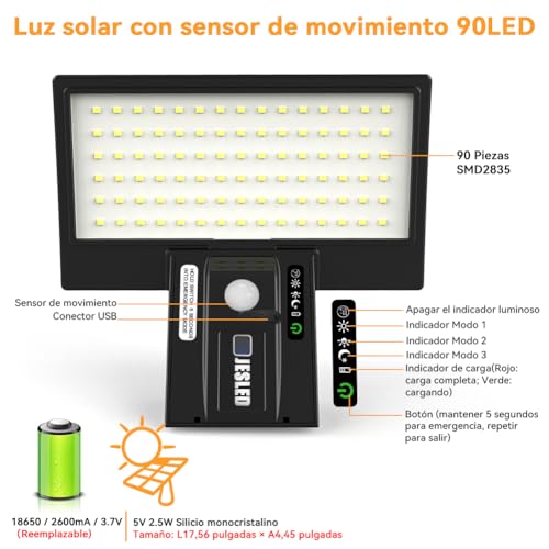 JESLED Luz Solar Exterior, 2 Paquete 90 LED, Foco Potente con Sensor de Movimiento, Impermeable con 4 Modos Inteligentes para Jardín, Patio, Camino, Escalera - Image 3