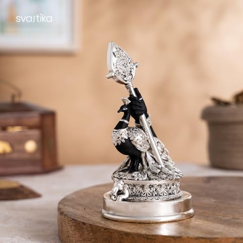 Image of Svastika Vel Mayil Murugan Idol (999 Silver Plated) | Lord Murugan Statue with Peacock | Spiritual Idol for Home Temple, Pooja Room, Car Dashboard & Gift | Decor Murti (5 Inch)