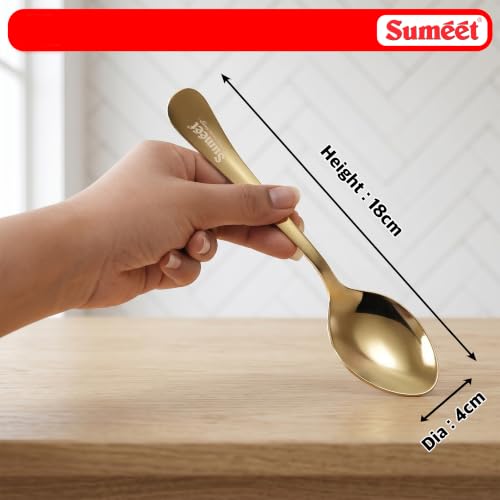 Image of Sumeet Stainless Steel Golden Dessert /Table Premium Spoon Set of 6 Pc - (18cm L) (1.6mm Thick)