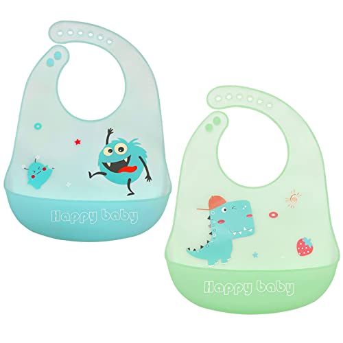 Image of Eilyliafe Silicone Bibs for Babies, 2 Pack Waterproof Easy Baby Feeding Bibs with Food Catcher Pocket, Adjustable Silicone Baby Bib for Toddlers