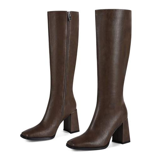 Wetviro Knee High Boots for Women Square Toe Tall Boots Womens Chunky Block Heel Dress GoGo Long Boots-Regular Calf Fit