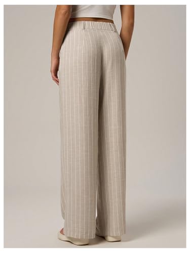 GORGLITTER Women's Zipper Fly Striped Dress Pants Pleated Straight Leg Trousers with Pockets2