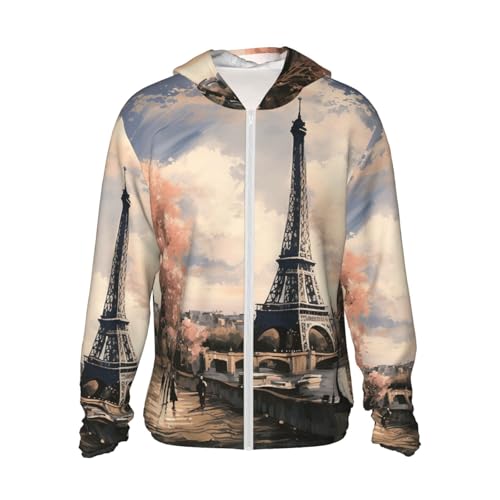UPF 50+ Sun Protection Hoodie Long Sleeve Vintage Style Eiffel Tower Paris Sun Shirt Rash Guard Fishing Shirts for Men