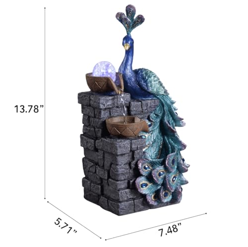MAOCHI Tabletop Water Fountain Decor, Peacock with LED Glass Color Changing Globe,Relaxation Decorative Desktop Water Zen Fountain for Home/Office,Living Room Décor.13.78" Tall
